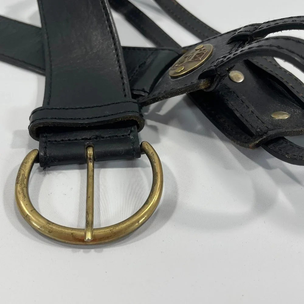 GF FERRE Black Leather Sectioned Belt with Bronze Plaques